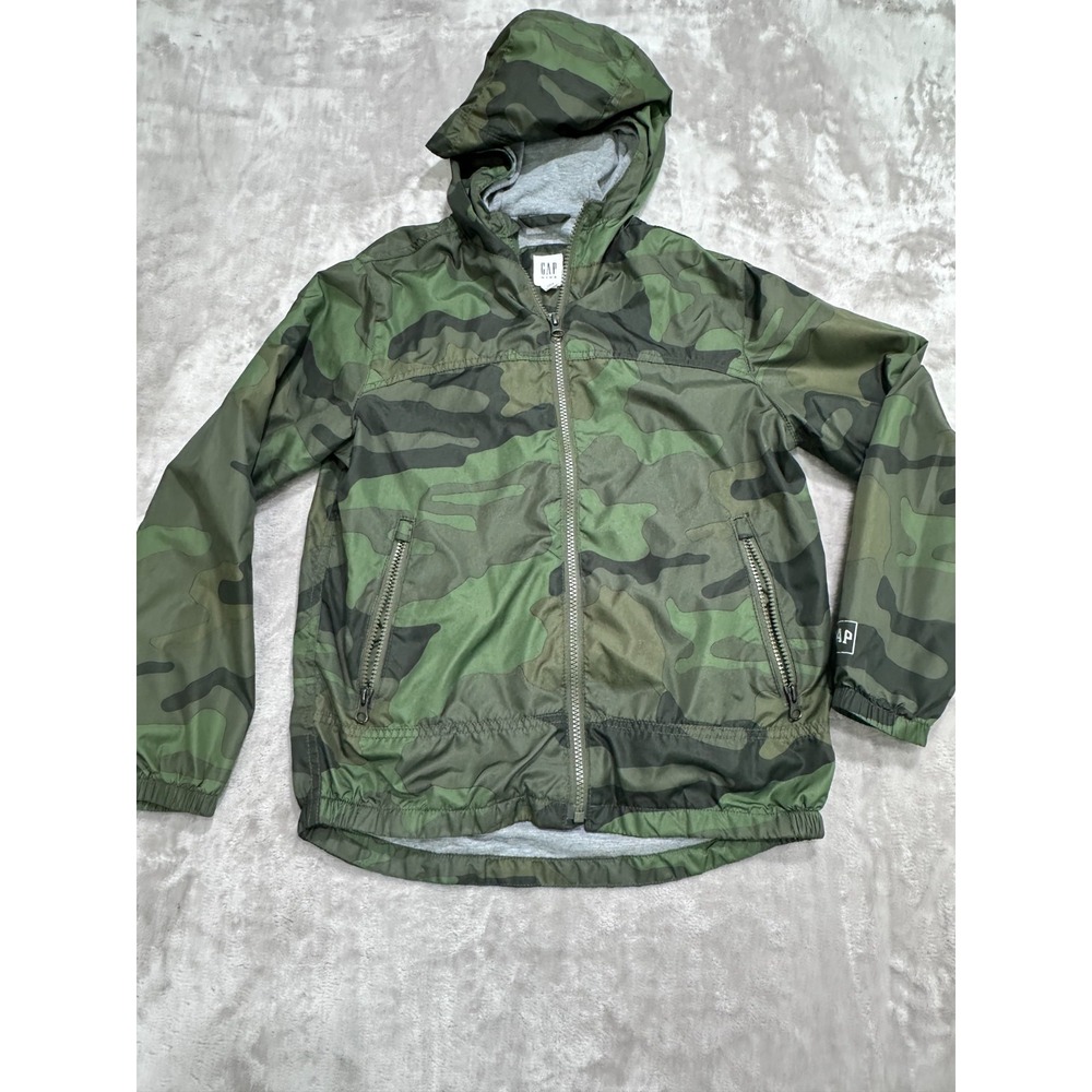 GAP Kids WIndbreaker Jacket Boys Size Large Camo Full Zip Hooded Lined Pockets